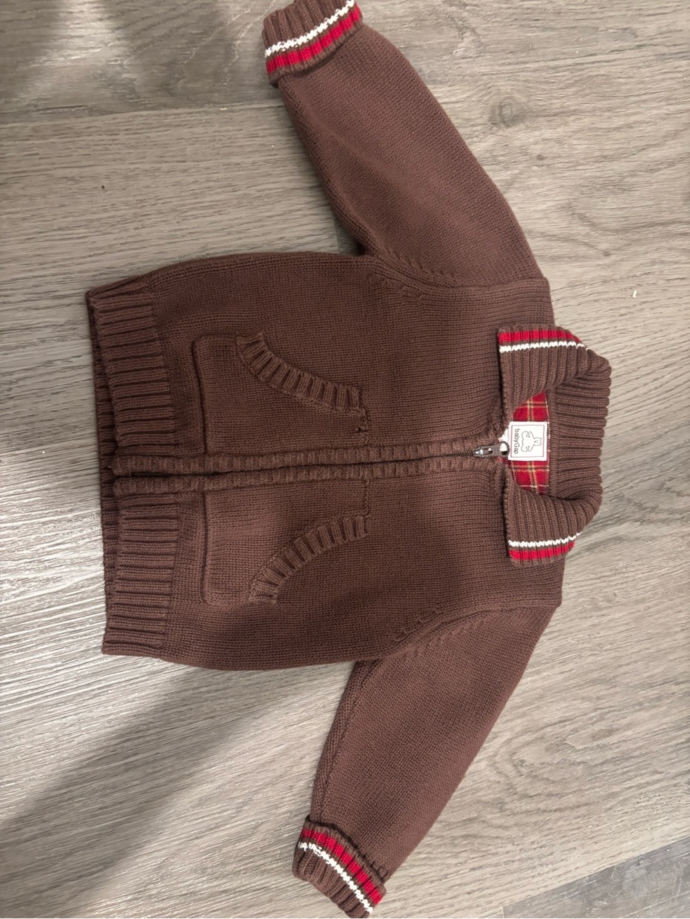 Baby Gap Brown Zip-Up Knit Sweater with Red Trim
